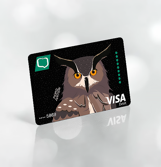 Wizualizacja cyfrowej karty Visa Wirtualnej z ilustracją sowy